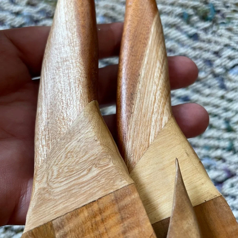 Artisan Crafted Wooden Fish Salad‎ Servers Spoon & Fork Set Unique Kitchen VTG